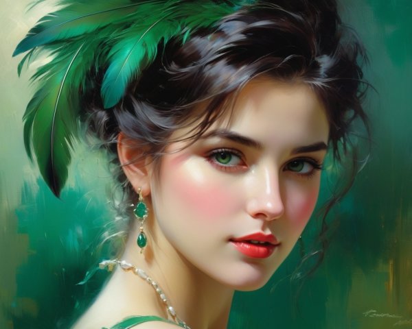Young woman with green eyes and elegant attire