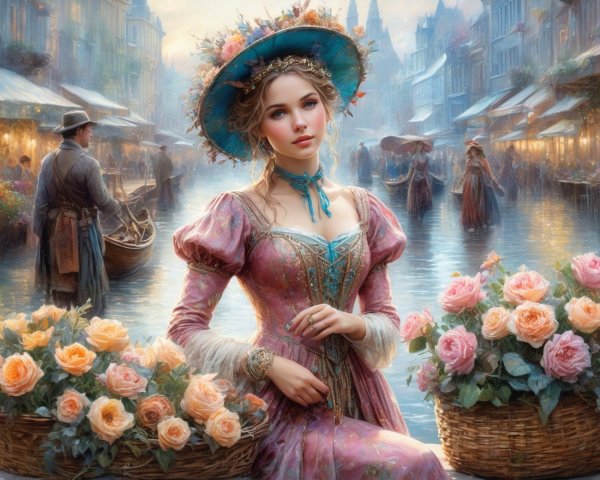 Dreamy Canal Scene with Woman in Pink Dress