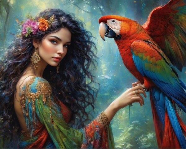 Fantasy Digital Painting of Woman with Macaw in Jungle
