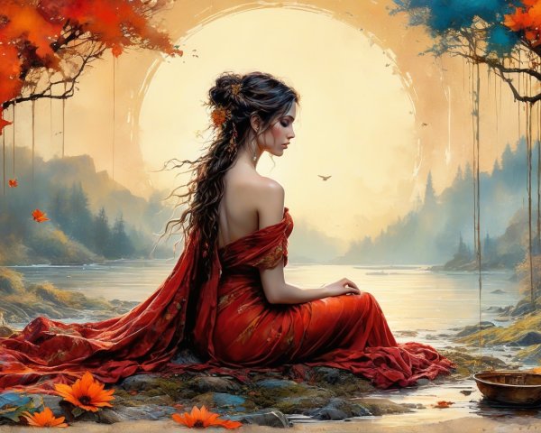 Serene Woman in Red Dress by Tranquil Lake in Autumn