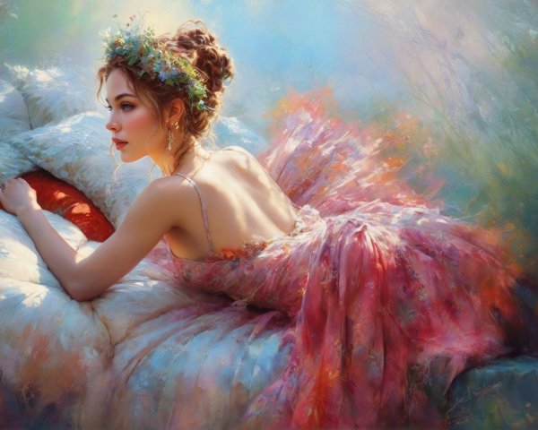 Ethereal Woman on Pastel Bed with Floral Accents