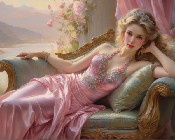 Serene Woman in Pink Gown on Ornate Sofa with Roses