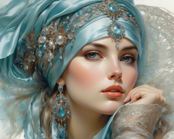 Portrait of a woman in a turquoise headscarf with jewels