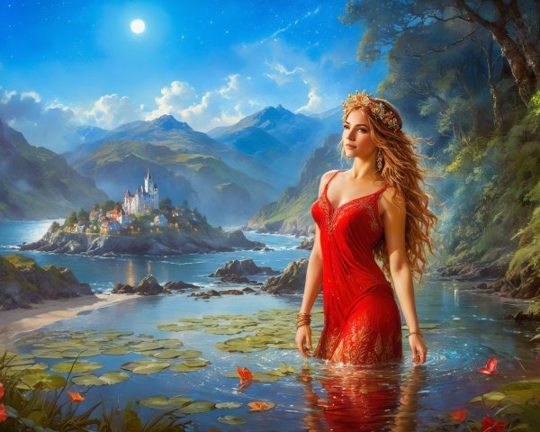 Woman in Red Gown Wading Through Serene Waters