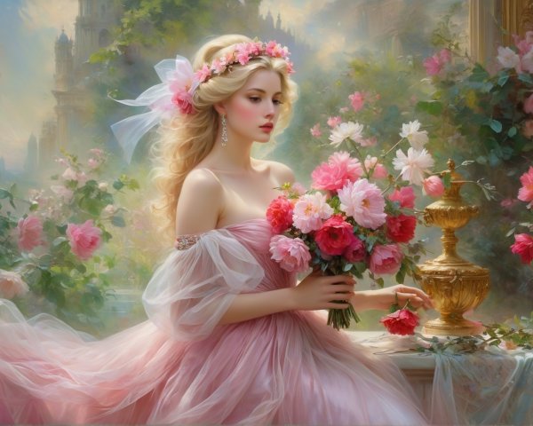 Young Woman in Pink Gown in Lush Garden Setting
