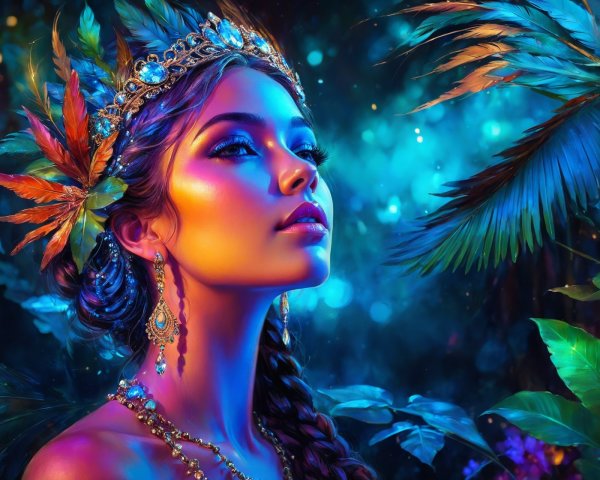 Portrait of a woman with feather crown in tropical setting