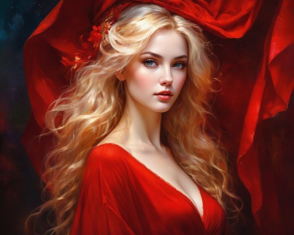 Young woman in red dress with flowers and soft lighting