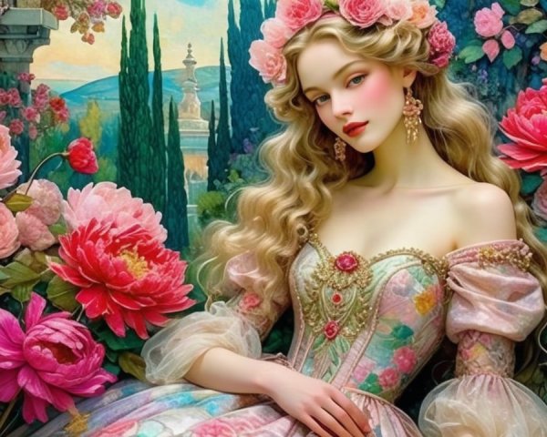 Young woman in floral gown in lush garden setting