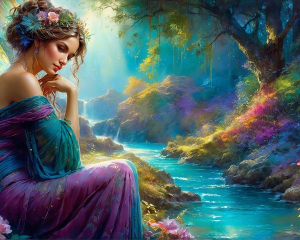 Fairy by a Blue River in a Magical Landscape