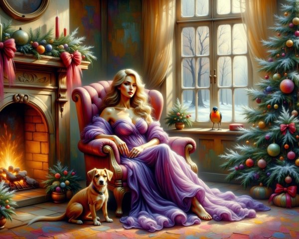 Winter Scene with Woman, Dog, and Christmas Tree