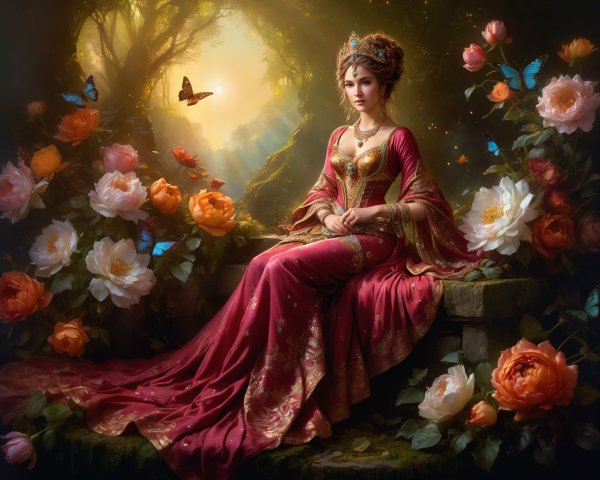 Mystical Garden with Woman in Elegant Red Gown