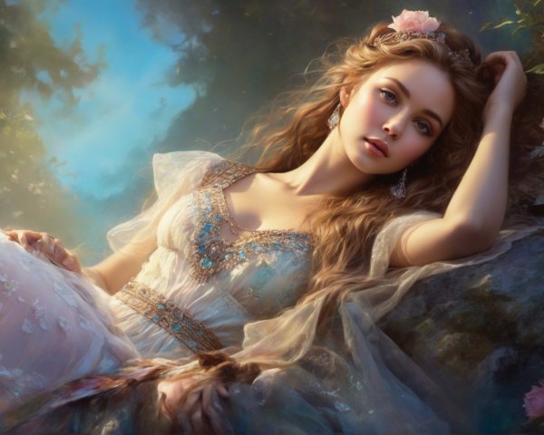 Serene Young Woman in Nature with Roses and Gown