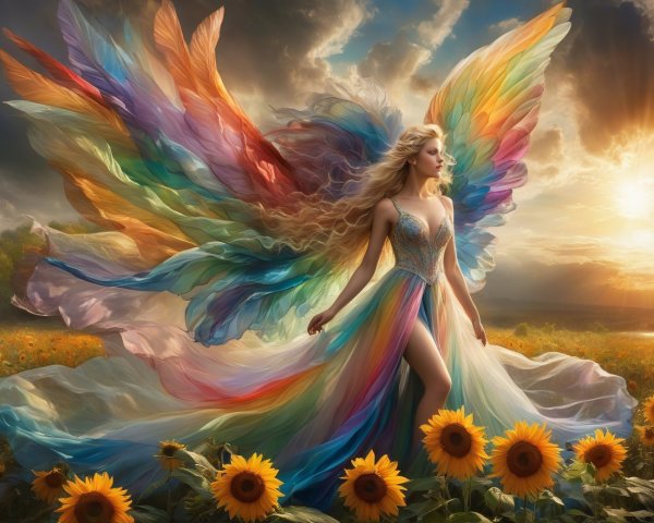 Figure in Colorful Gown Among Sunflowers at Sunset