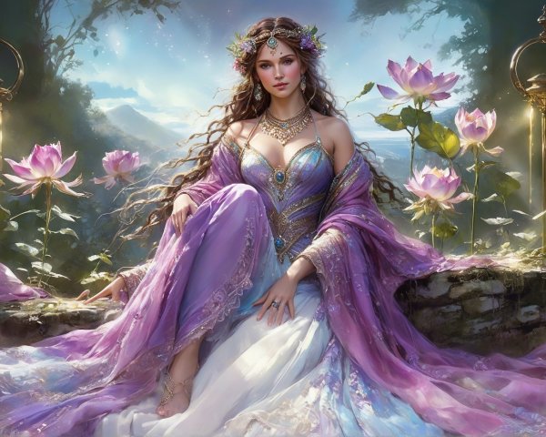 Ethereal Figure Surrounded by Lotus Flowers in Landscape