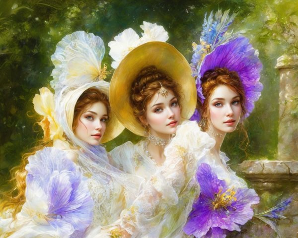 Elegant Women in Floral Hats in Lush Garden Setting