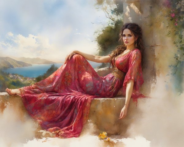 Woman in Pink Dress Overlooking Serene Landscape