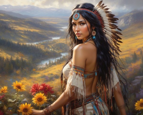 Young Woman in Traditional Attire in Sunlit Landscape