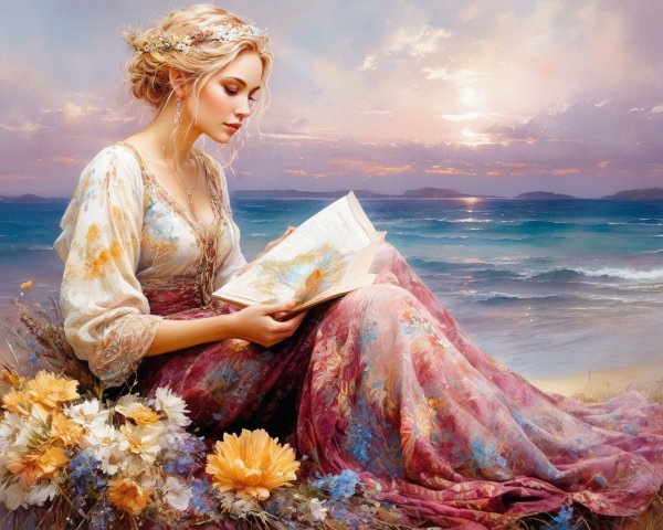 Serene Woman Reading by the Shore at Sunset
