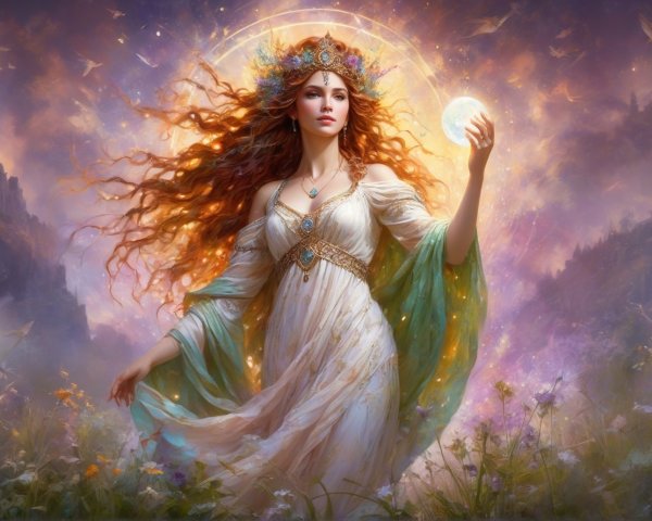 Mystical Woman in Enchanted Landscape with Glowing Orb