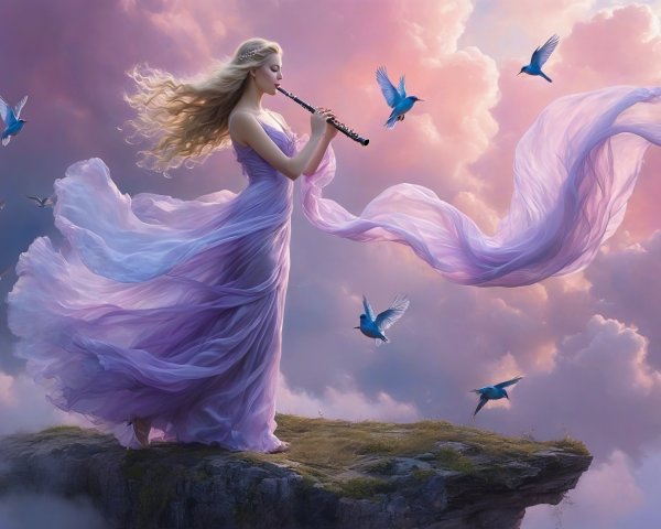 Ethereal Woman in Lavender Gown Playing Flute Outdoors