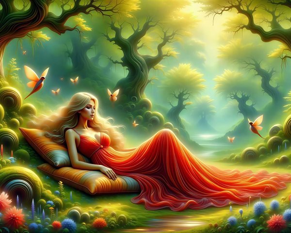 Fantasy Art of Woman in Red Gown in Enchanted Forest