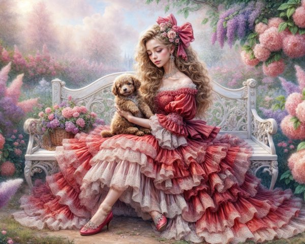 Young Woman in Elegant Gown with Dog in Garden