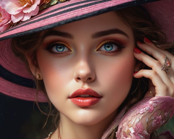 Close-Up Portrait of a Young Woman in Pink Hat
