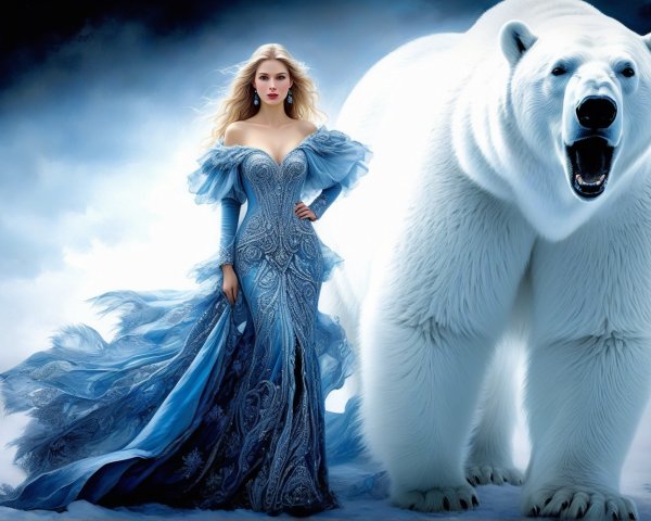 Elegant Woman in Blue Gown with Polar Bear in Ice