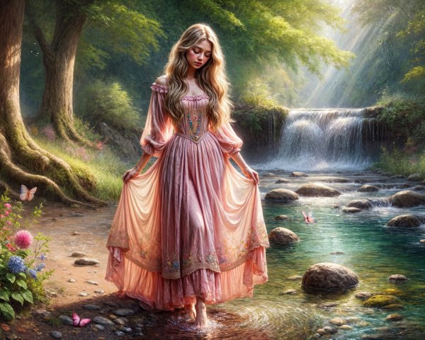 Fairy Tale Scene by a Serene Stream with Flowers