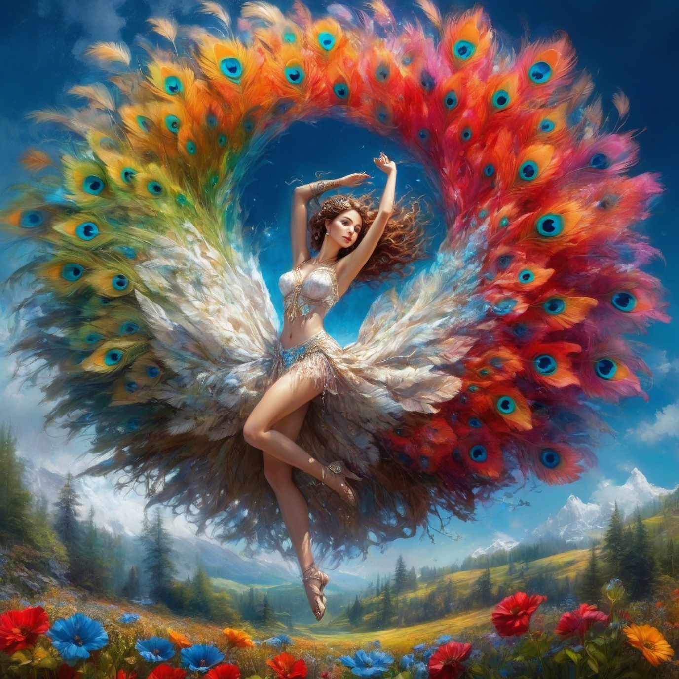 Graceful Dance in Vibrant Peacock-Inspired Attire