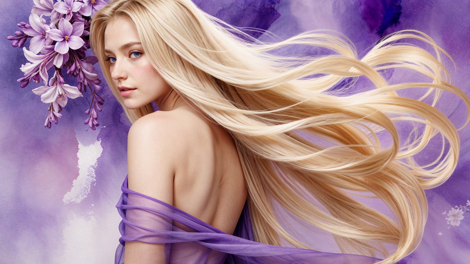 Elegant Woman with Flowing Blonde Hair in Purple Hues