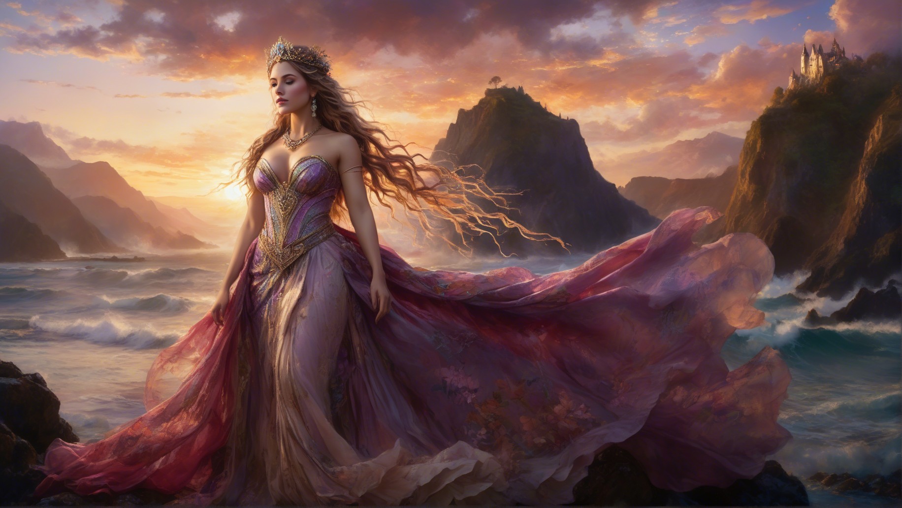 Majestic figure in flowing gown by rocky shore at sunset