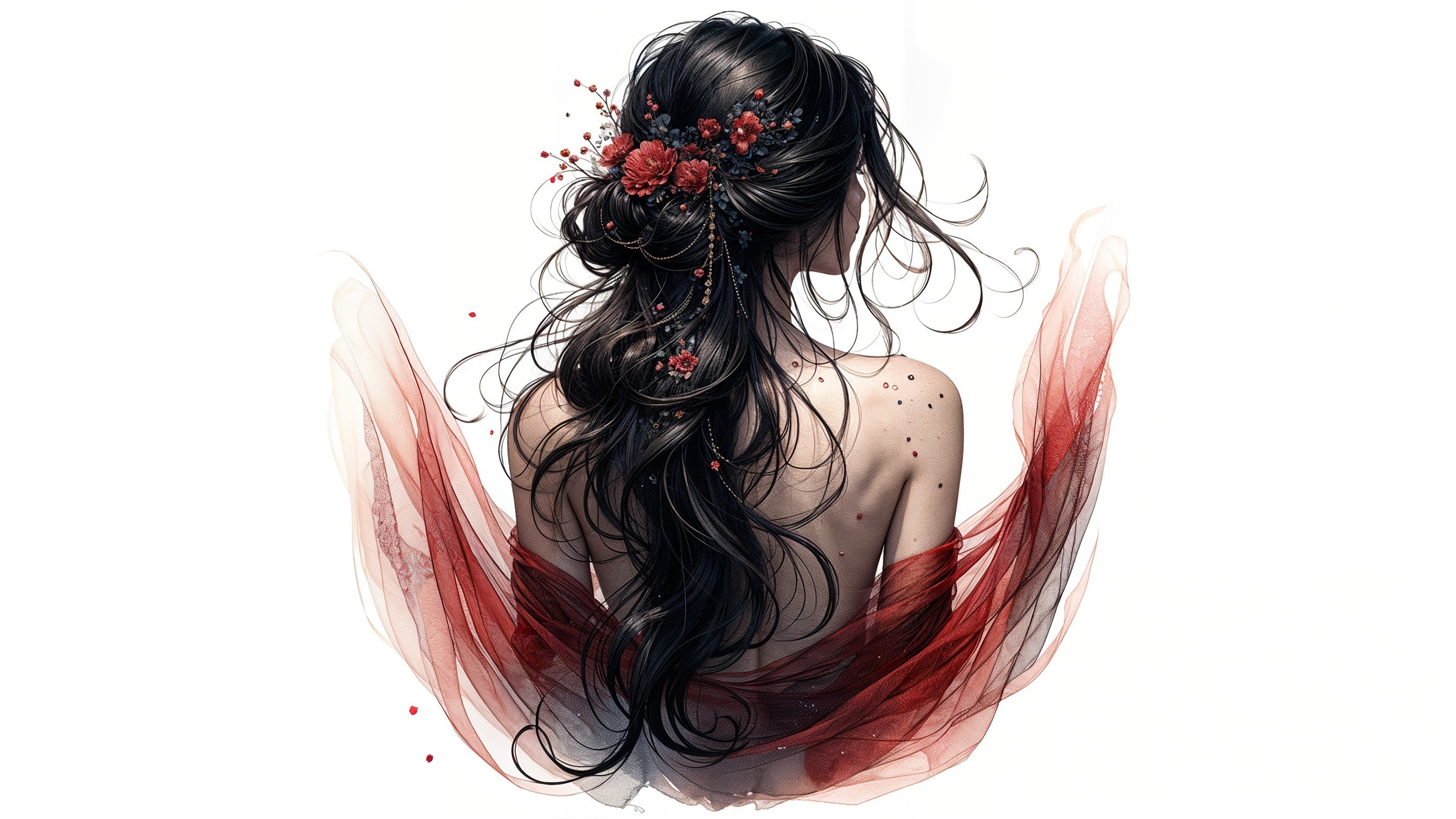 Woman in Sheer Fabric with Red Flower Accents