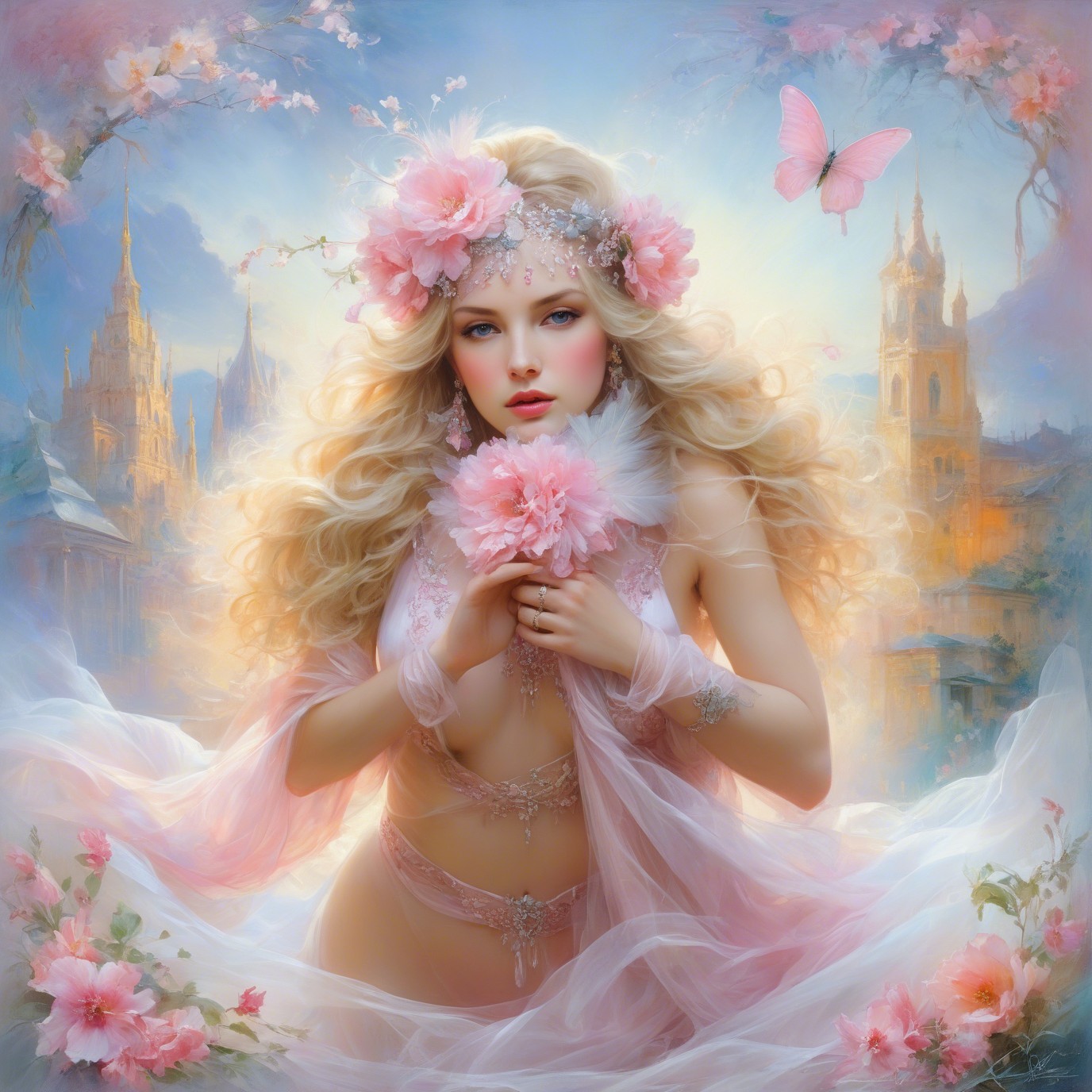 Dreamy Fantasy Scene with Serene Woman and Nature