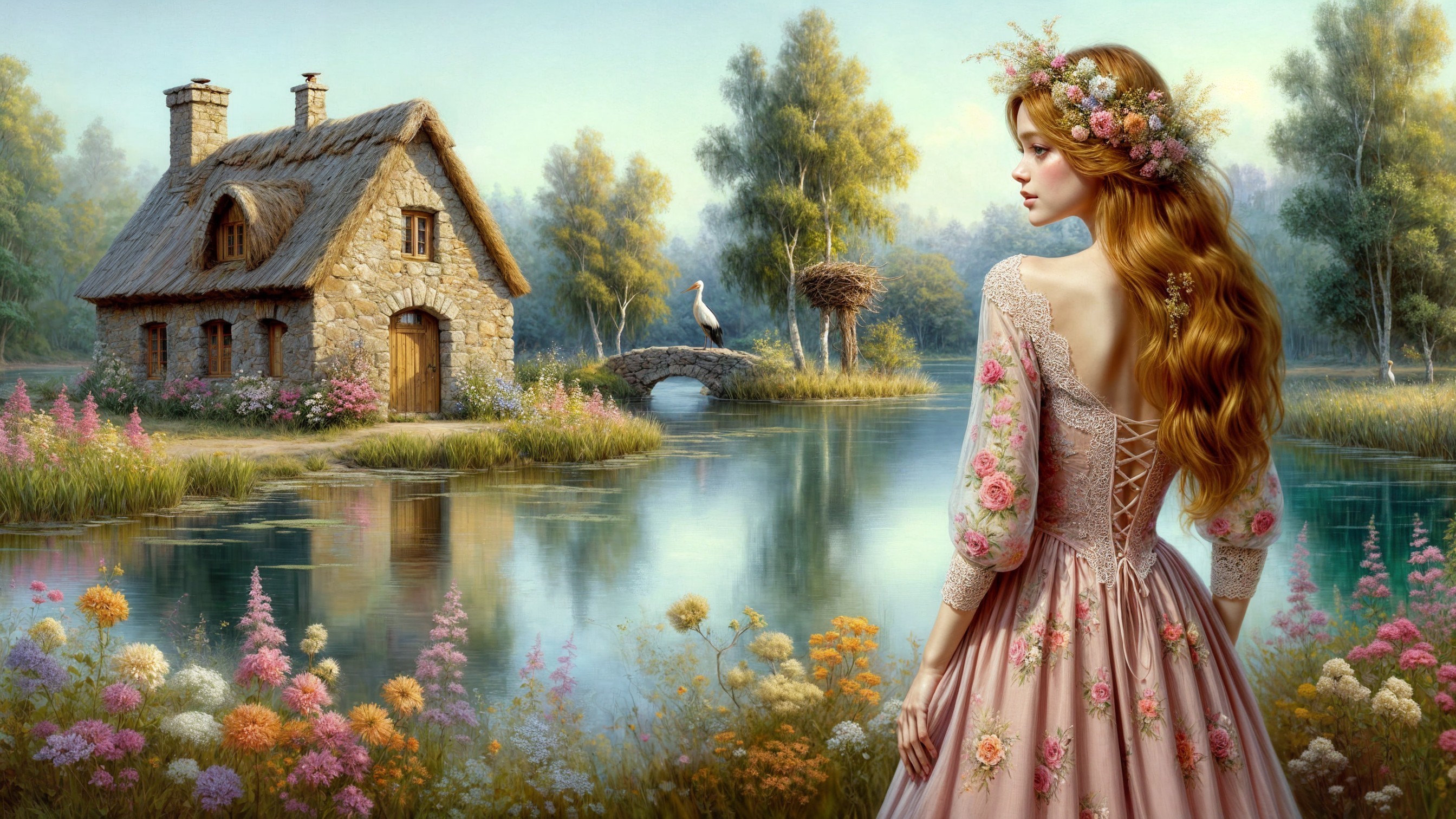 Charming Stone Cottage by Tranquil Pond Landscape