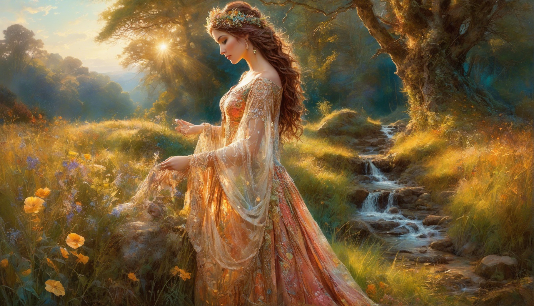 Serene Woman in Vibrant Meadow with Floral Wreath