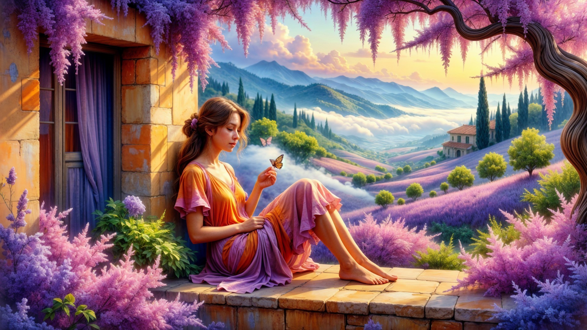 Young Woman in Pastel Dress Amid Lavender Fields