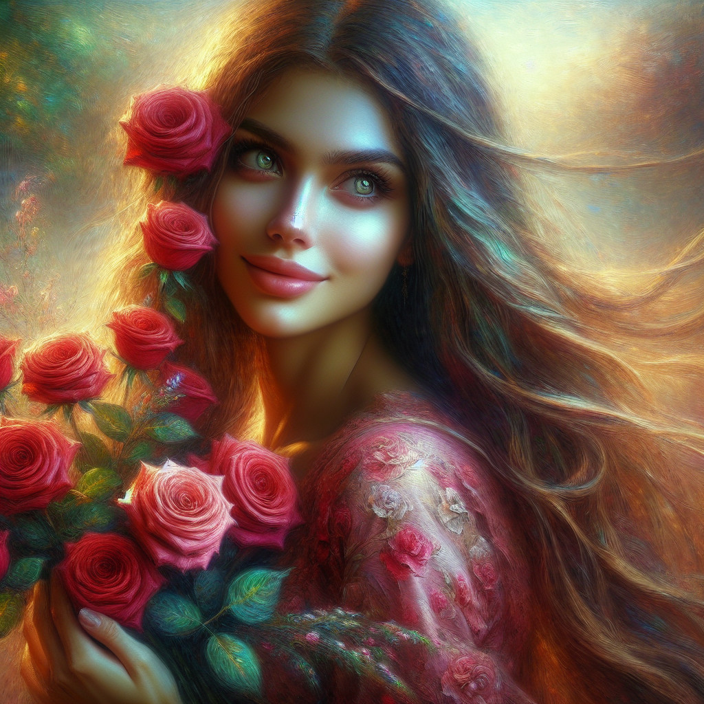 Young woman with roses in a dreamy background