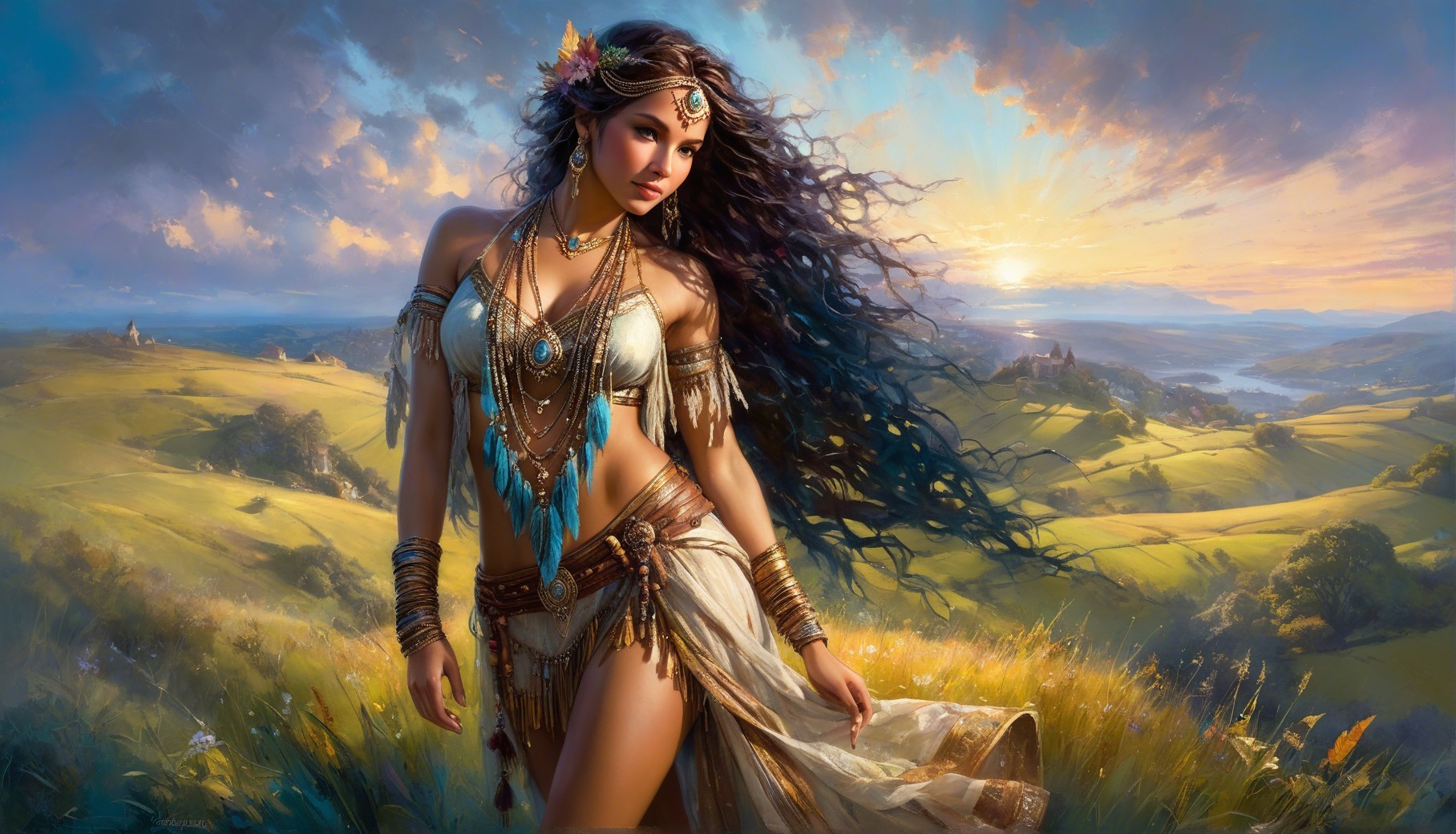 Ethereal Woman in Lush Sunlit Landscape with Flowers