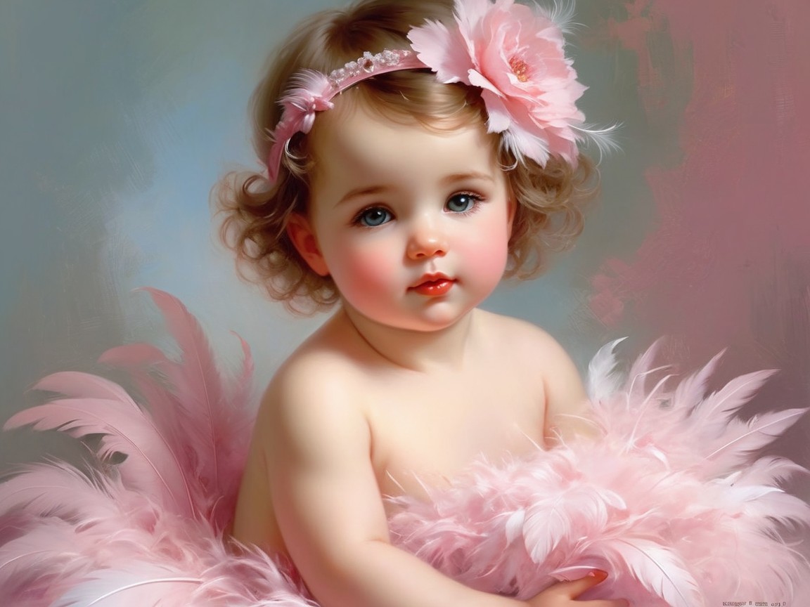 Cherubic Baby in Pink Feathers and Headband