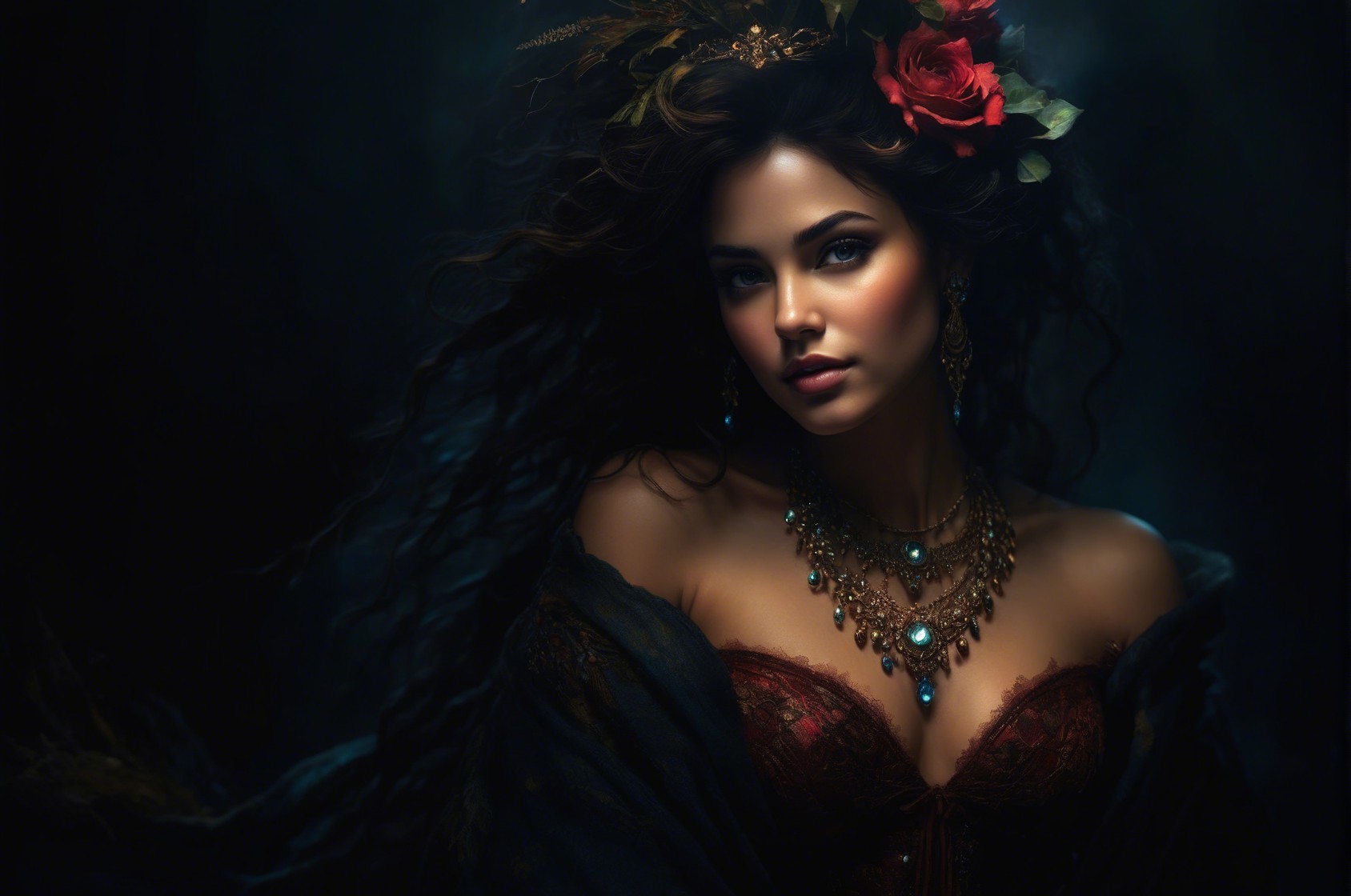 Woman with Dark Hair, Roses, and Intricate Jewelry