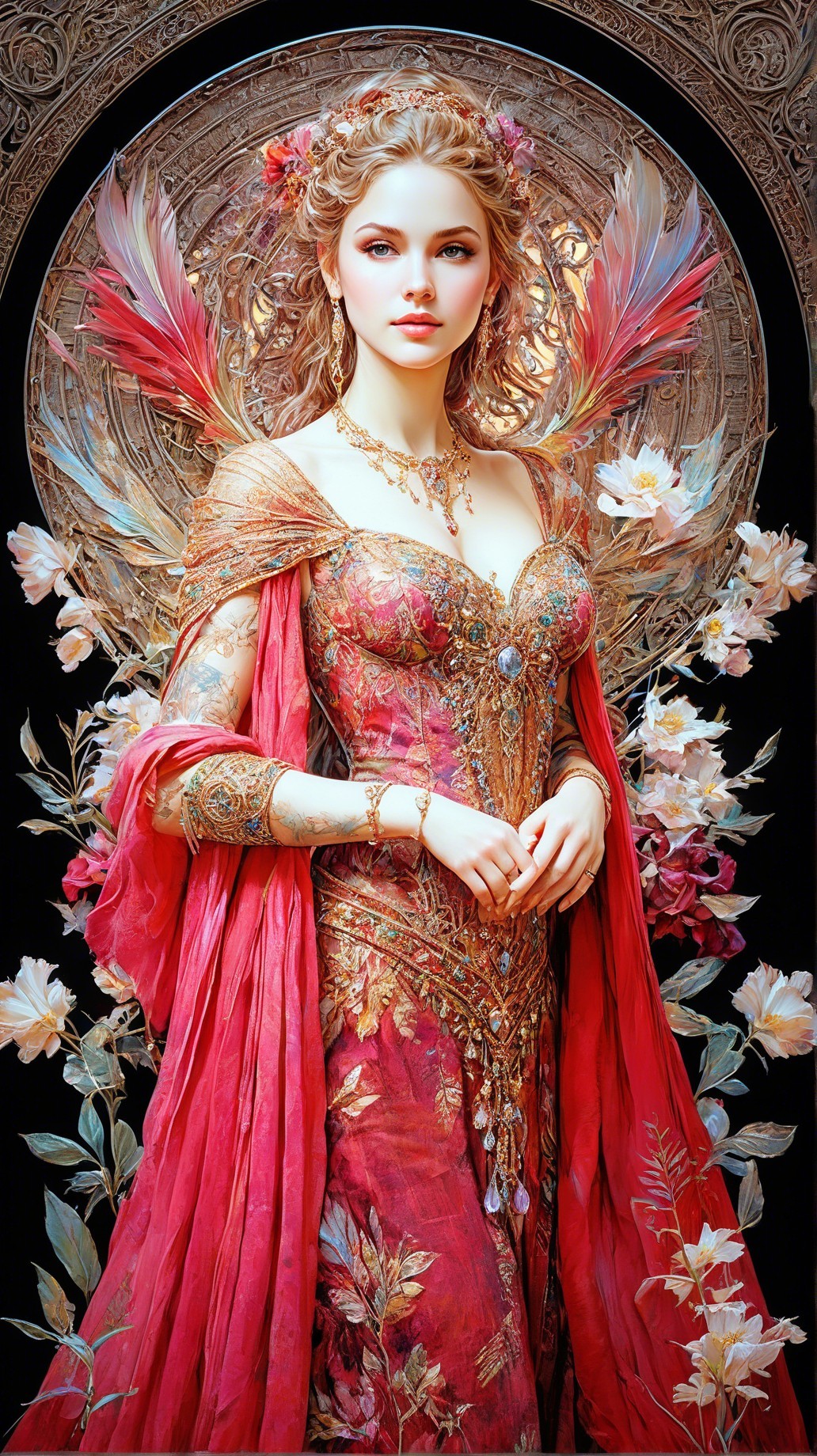 Regal Woman in Opulent Red Gown with Floral Backdrop