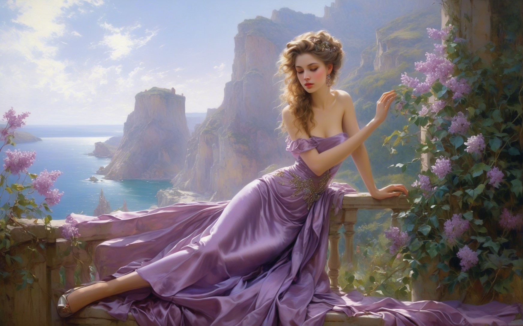 Serene Woman in Lavender Gown Overlooking Coastline