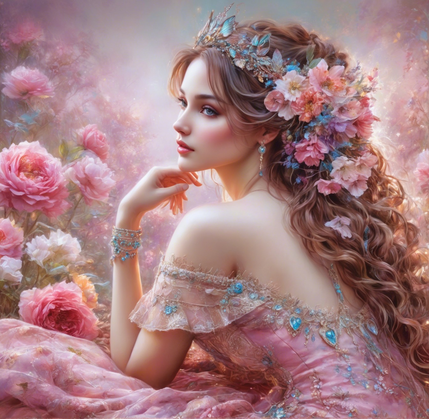 Young woman in floral gown surrounded by roses