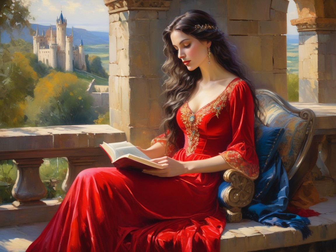Young Woman in Red Gown on Castle Balcony Reading