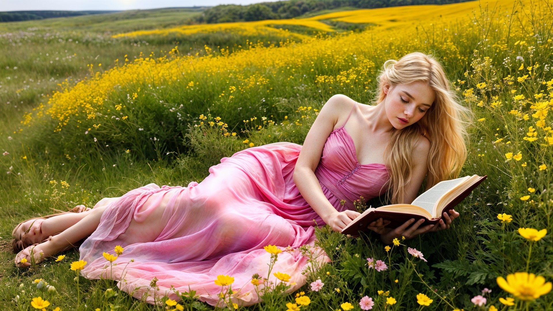 Young Woman Reading in a Field of Wildflowers