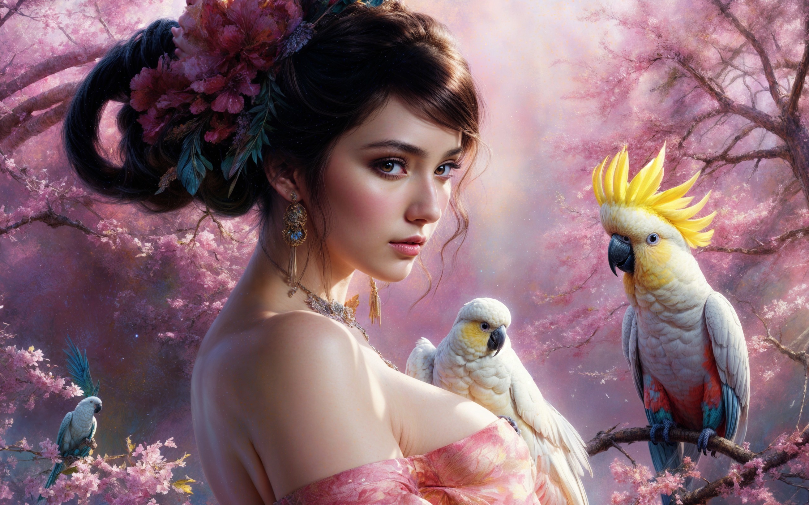 Young Woman in Cherry Blossom Setting with Birds