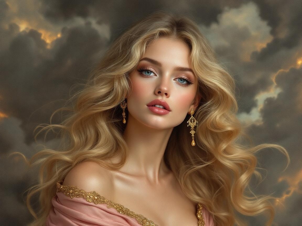 Portrait of a Young Woman with Blonde Hair and Blue Eyes