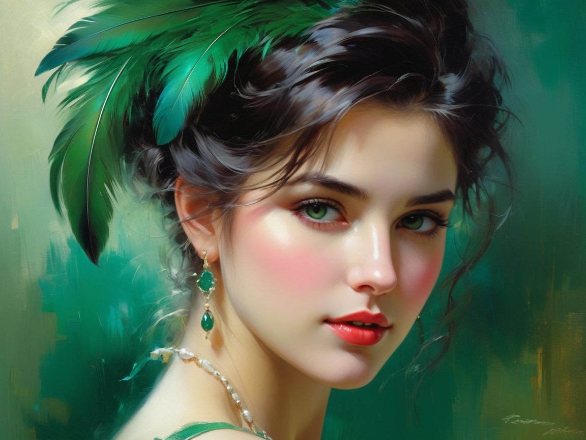Young woman with green eyes and elegant attire