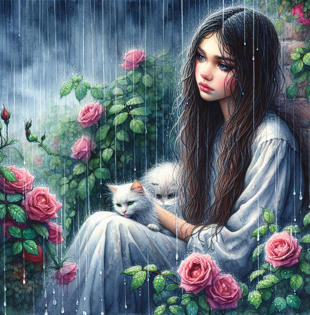 Girl in White Dress Surrounded by Pink Roses and Rain